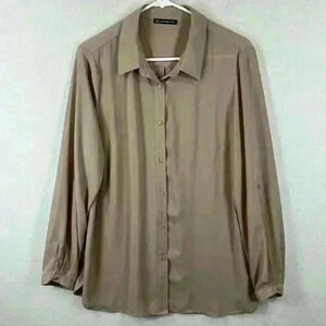 Adrianna Papell Blouse Sz XL* Taupe Polyester Long Sleeve Roll Tabs Button Front